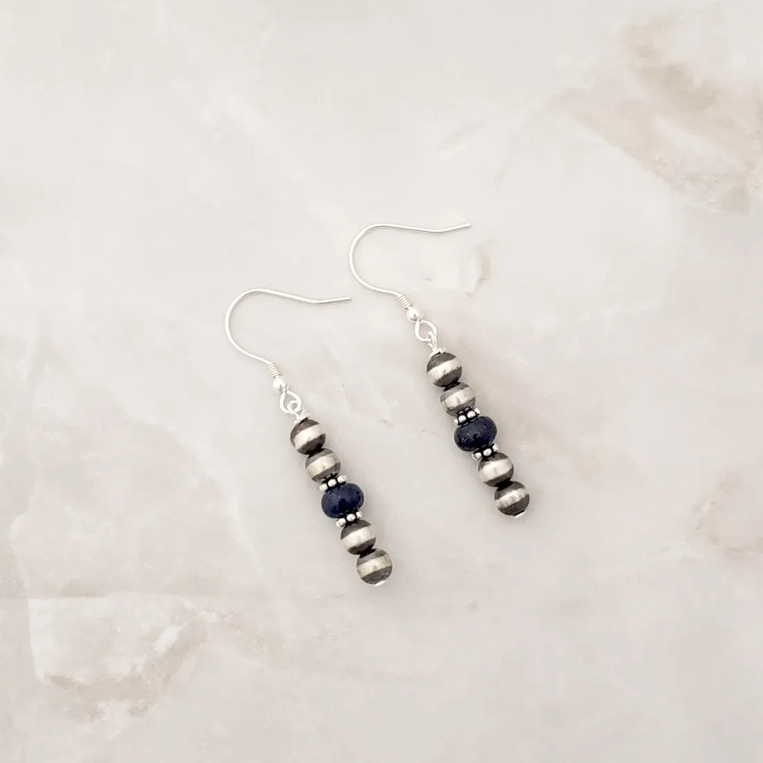 5mm Navajo Pearls & Lapis Drop Dangle Earrings Sterling Silver NPE019