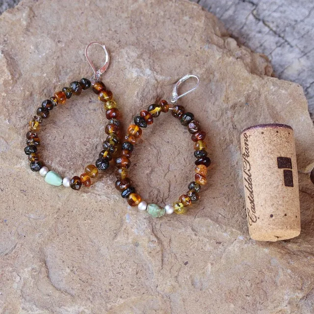 Adventure series flexible hoop earrings with amber and turquoise