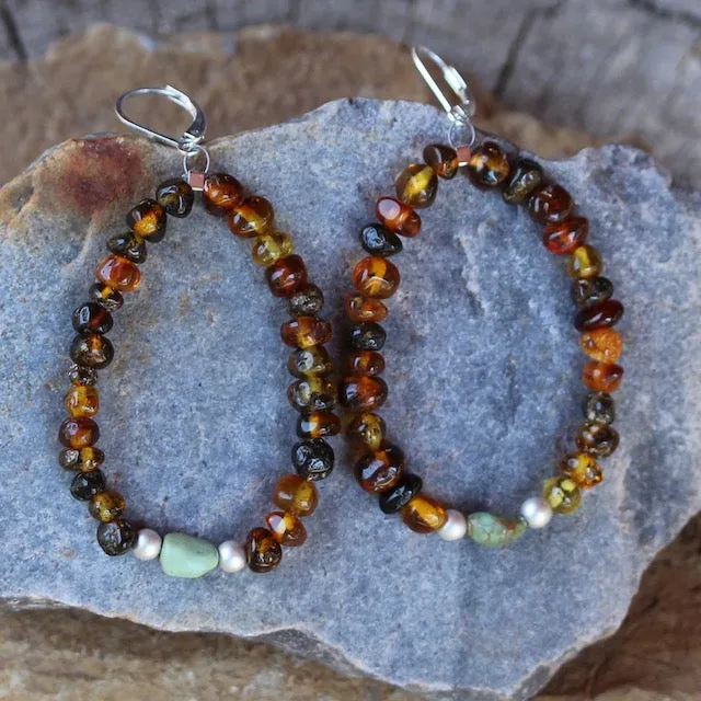 Adventure series flexible hoop earrings with amber and turquoise