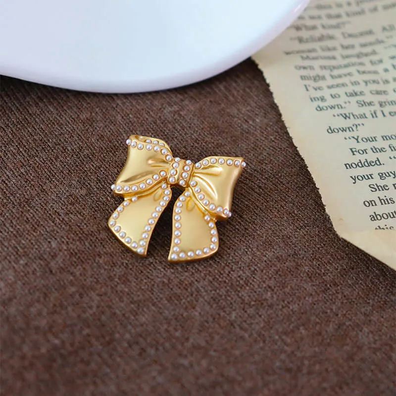 Alloy Double Row Small Pearl Bow Brooch