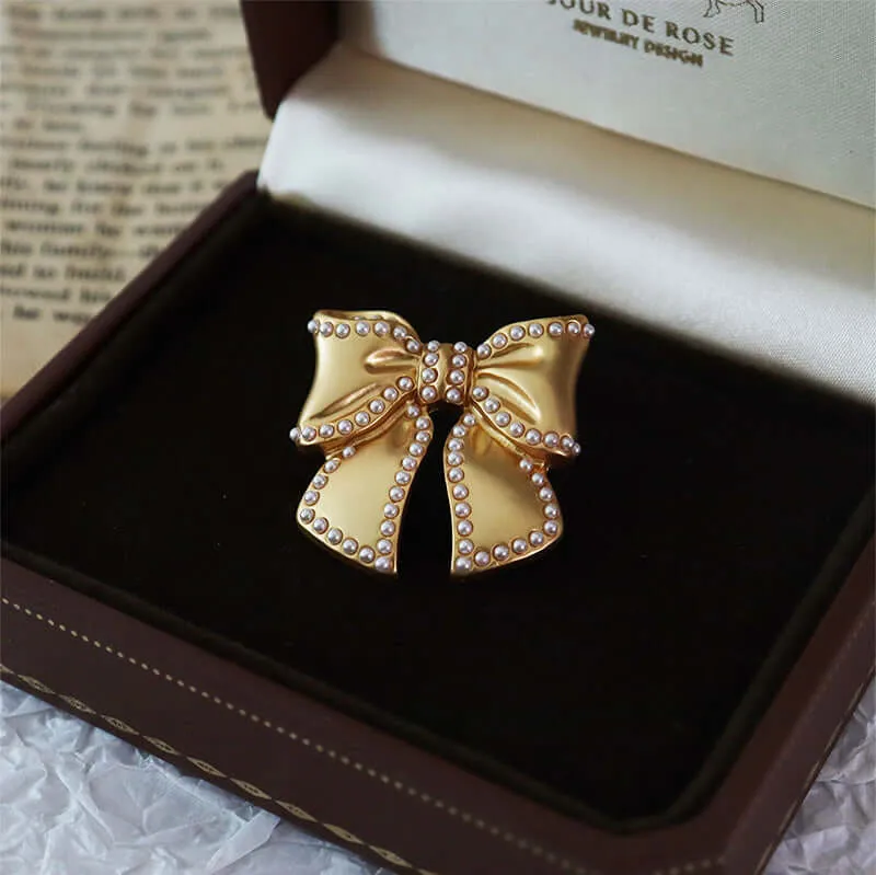 Alloy Double Row Small Pearl Bow Brooch