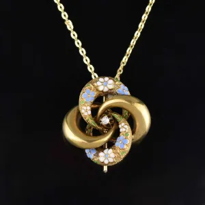 Antique 14K Gold Enamel Diamond Lovers Knot Brooch