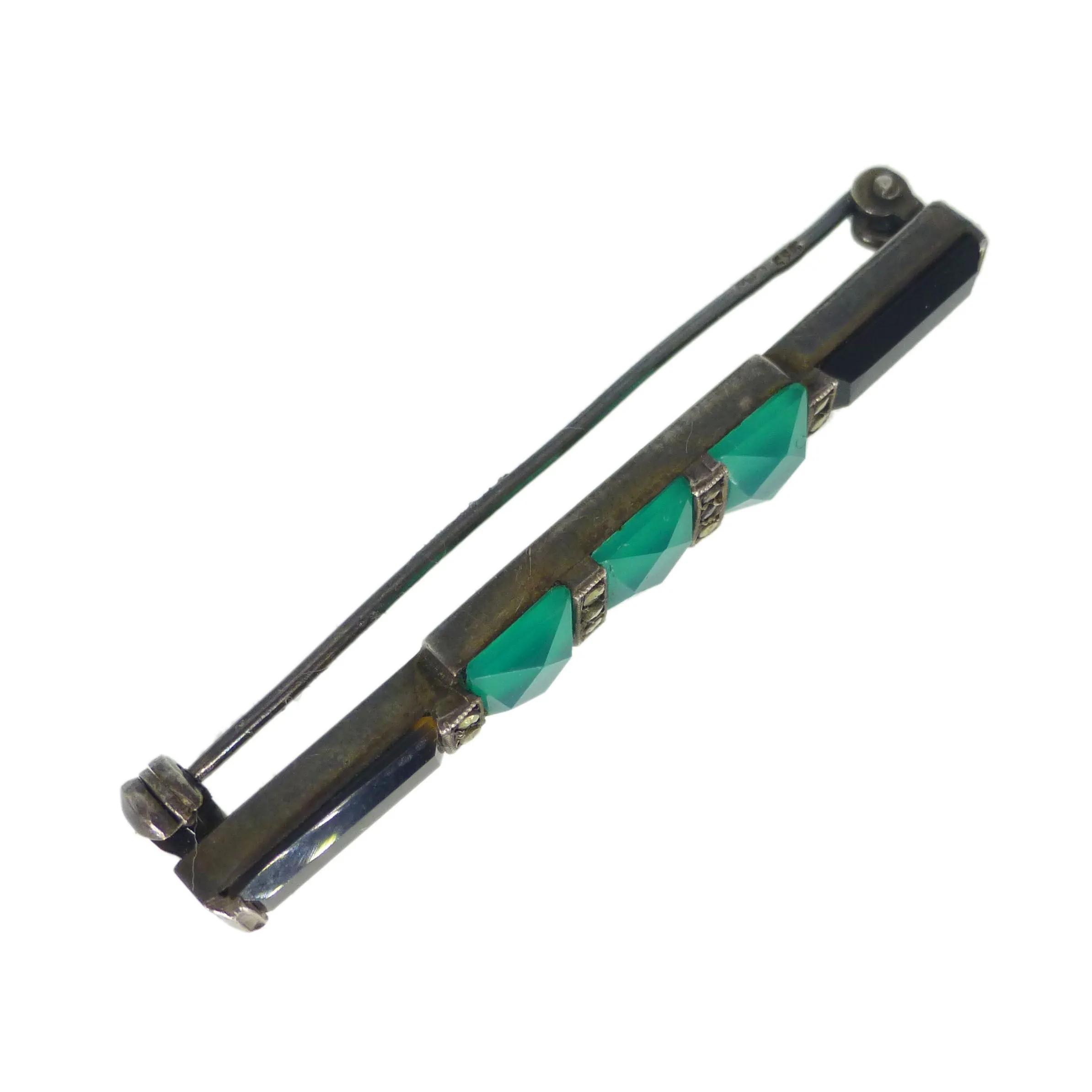 Antique Art Deco Martin Mayer Silver Chrysoprase & Onyx Bar Brooch