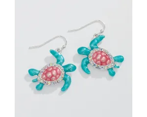 Aqua & Pink Enamel Turtle Earrings