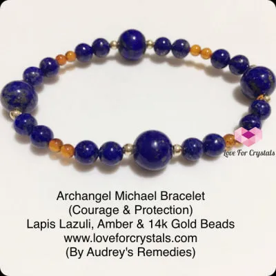 Archangel Michael Crystal Remedy  Bracelet (Courage & Protection) By Audrey's Remedies (Lapis Lazuli, Amber, 14k Gold-filled Beads)