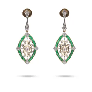 Art Deco Inspired Diamond Emerald 14k Gold Dangle Earrings