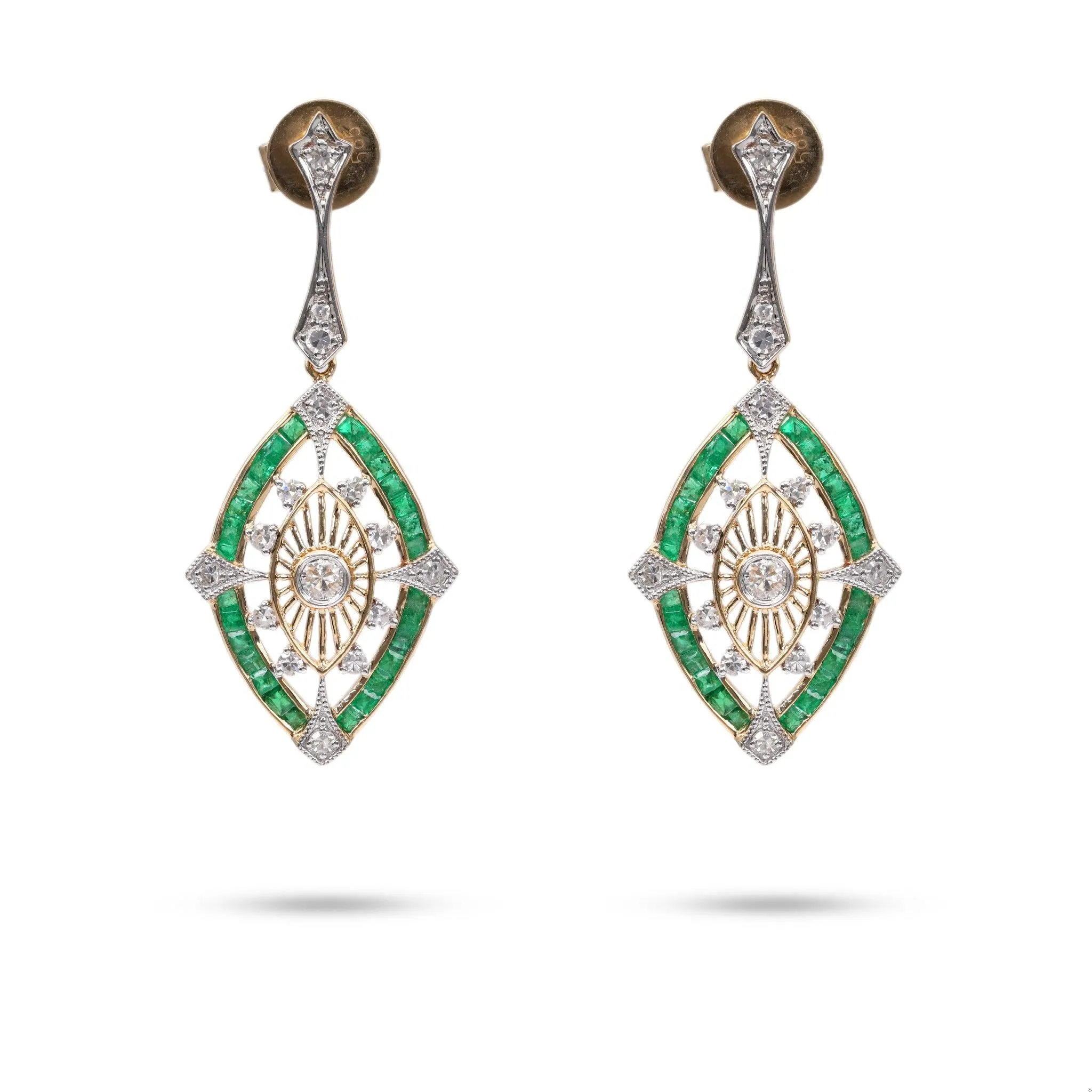 Art Deco Inspired Diamond Emerald 14k Gold Dangle Earrings