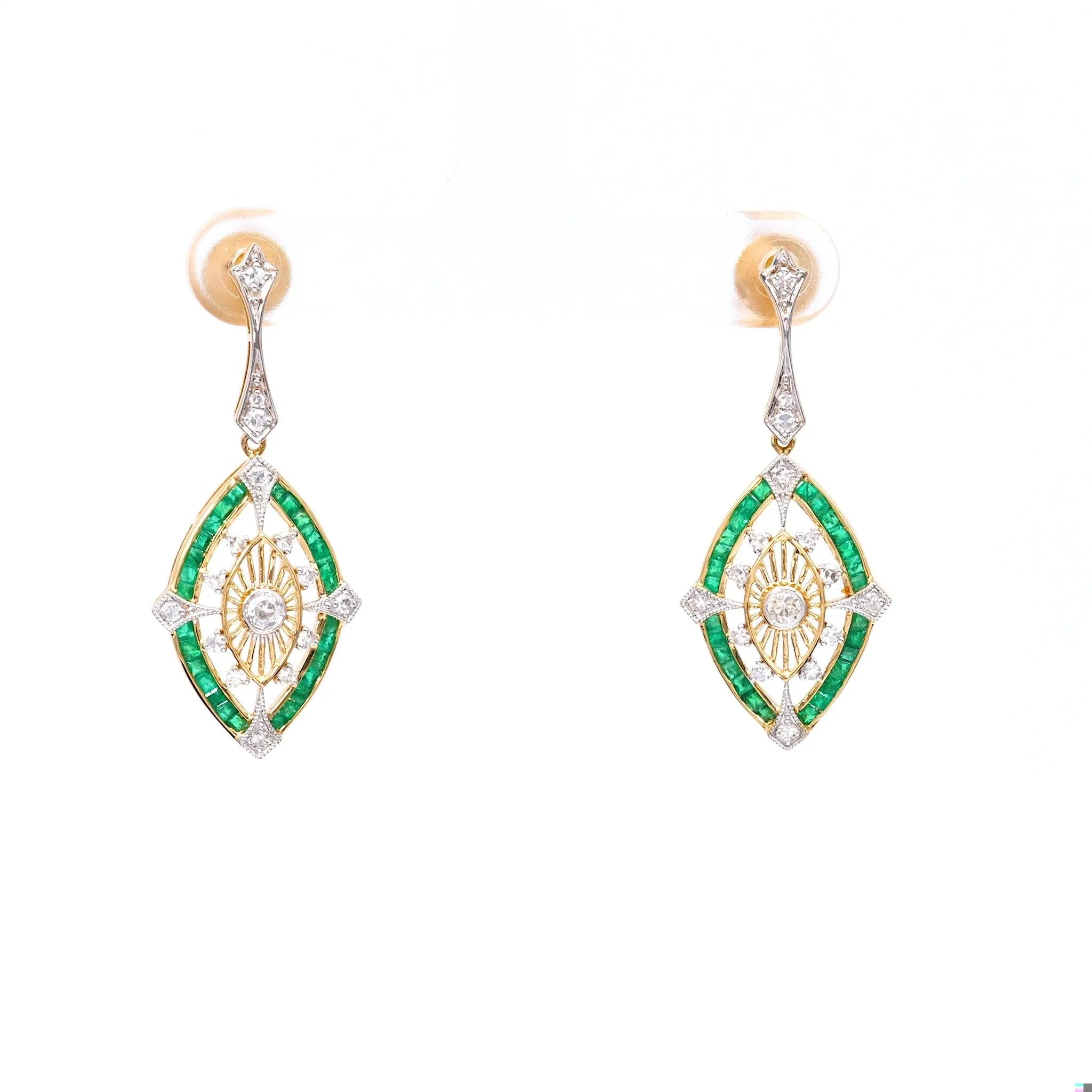 Art Deco Inspired Diamond Emerald 14k Gold Dangle Earrings