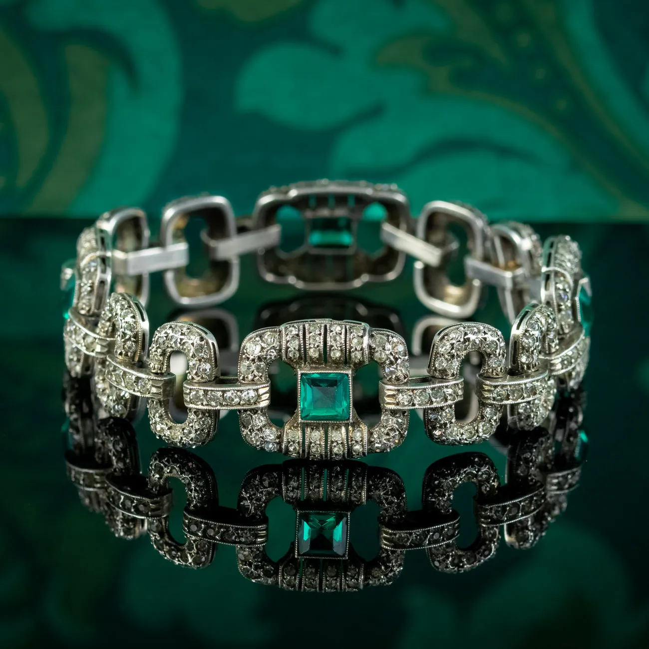 Art Deco Silver Green Paste Bracelet
