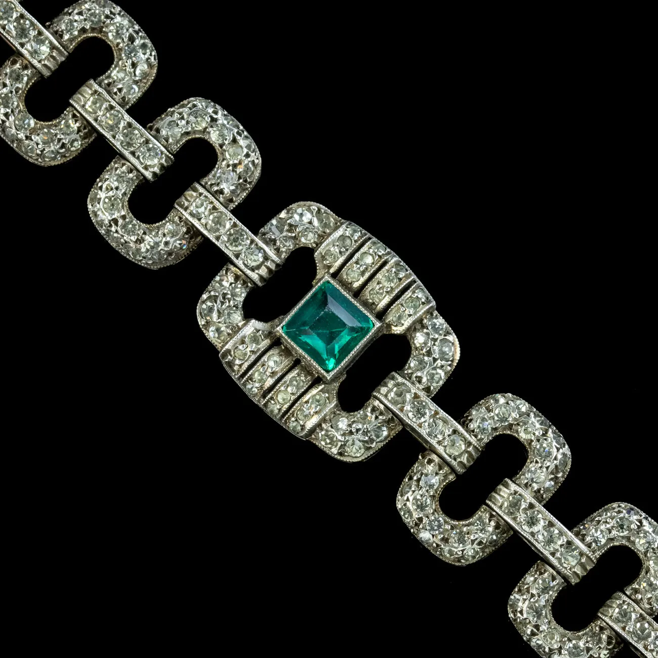 Art Deco Silver Green Paste Bracelet