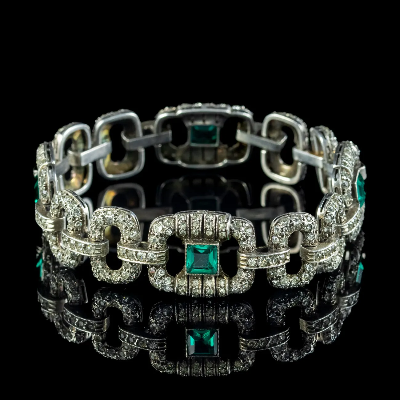 Art Deco Silver Green Paste Bracelet