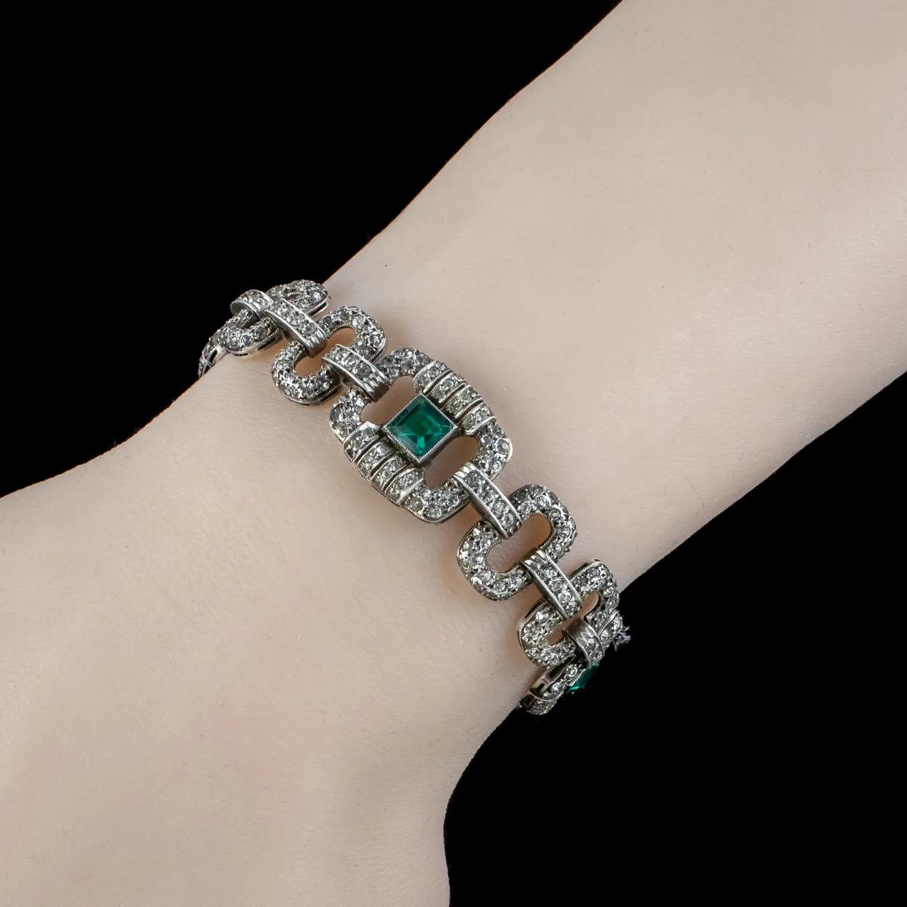 Art Deco Silver Green Paste Bracelet