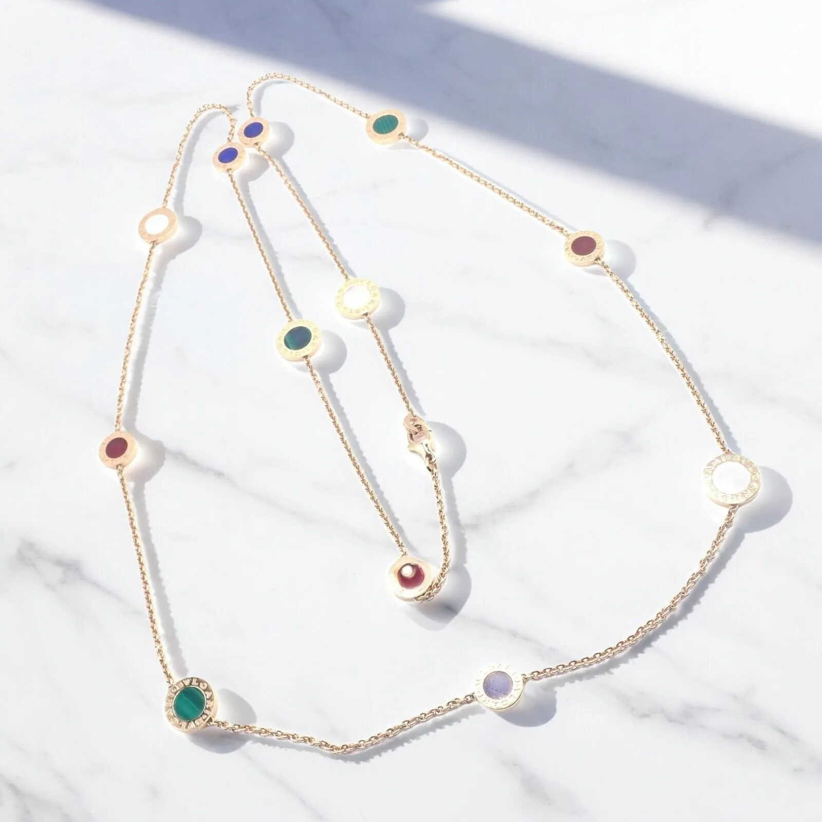 Authentic! Bvlgari Bulgari 18k Yellow Gold Multi Gemstone Long Necklace Paper
