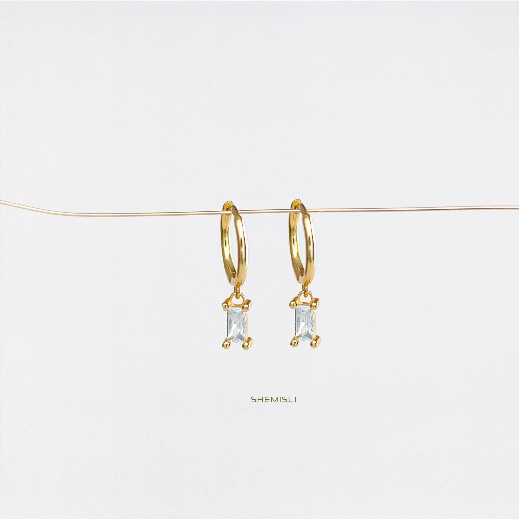 Baguette CZ Hoops, White Stone, Emerald, Turquoise, Sapphire, Black Stone, Unisex, Gold, Silver SHEMISLI SH071, SH072, SH125, SH313, SH314