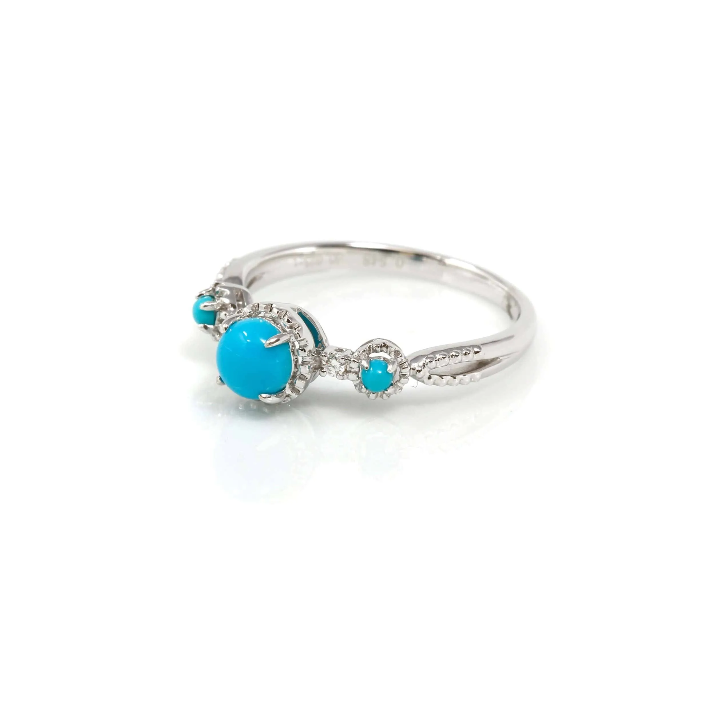 Baikalla™ "Helena" 18k White Solid Gold Genuine Persian Blue 3 Stone Arizona Turquoise Diamonds Ring