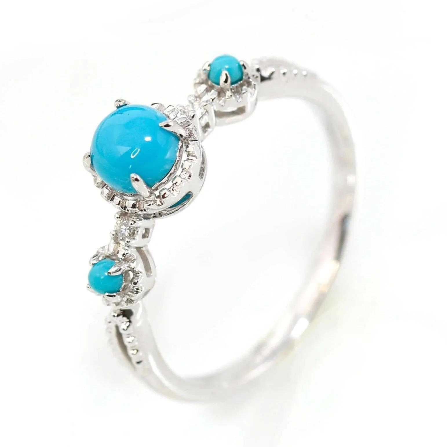 Baikalla™ "Helena" 18k White Solid Gold Genuine Persian Blue 3 Stone Arizona Turquoise Diamonds Ring