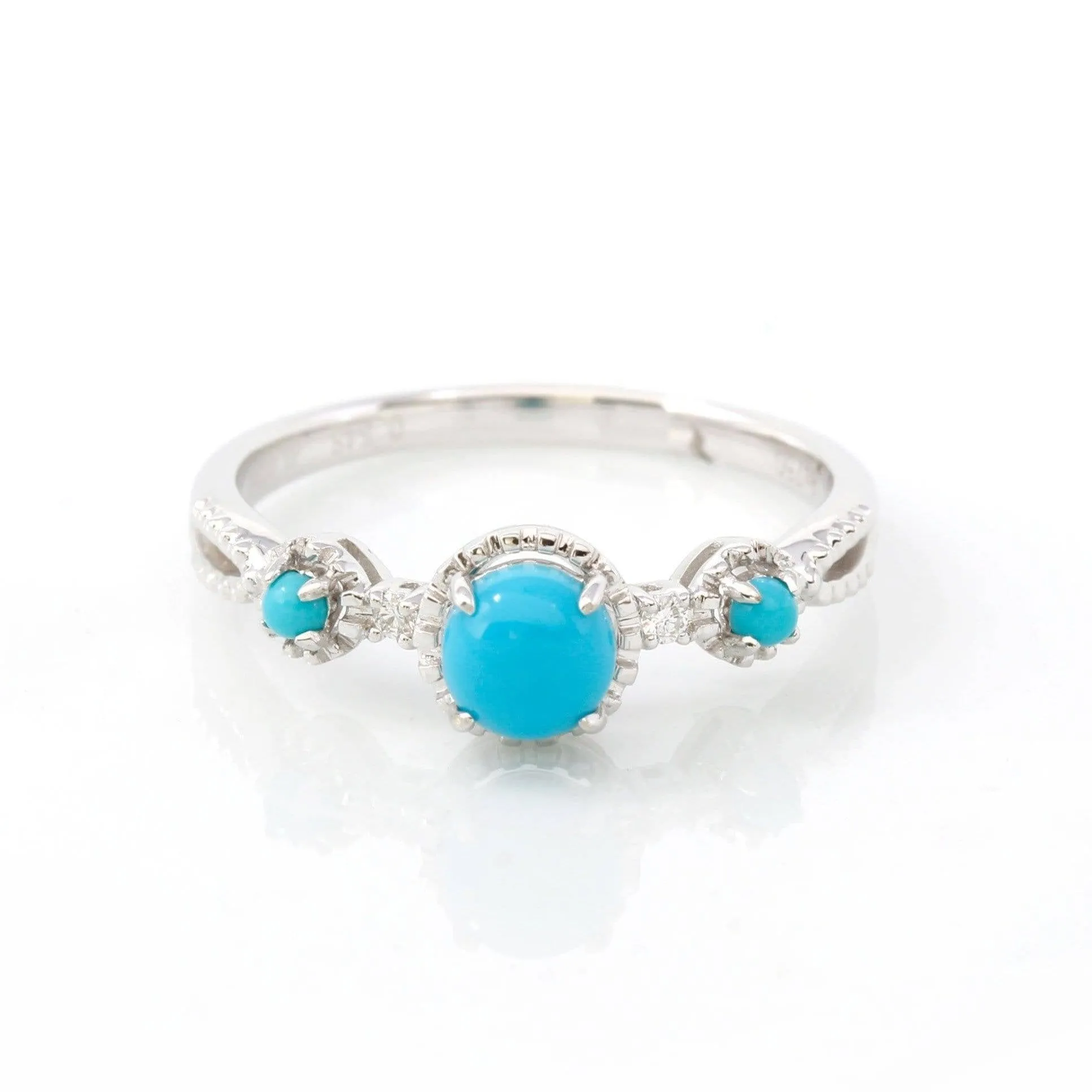 Baikalla™ "Helena" 18k White Solid Gold Genuine Persian Blue 3 Stone Arizona Turquoise Diamonds Ring