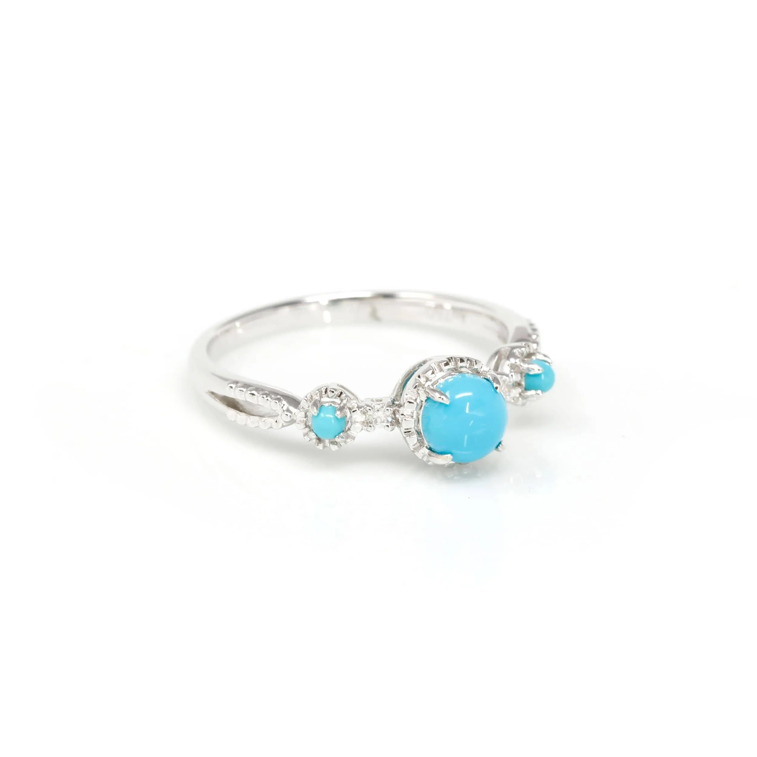Baikalla™ "Helena" 18k White Solid Gold Genuine Persian Blue 3 Stone Arizona Turquoise Diamonds Ring