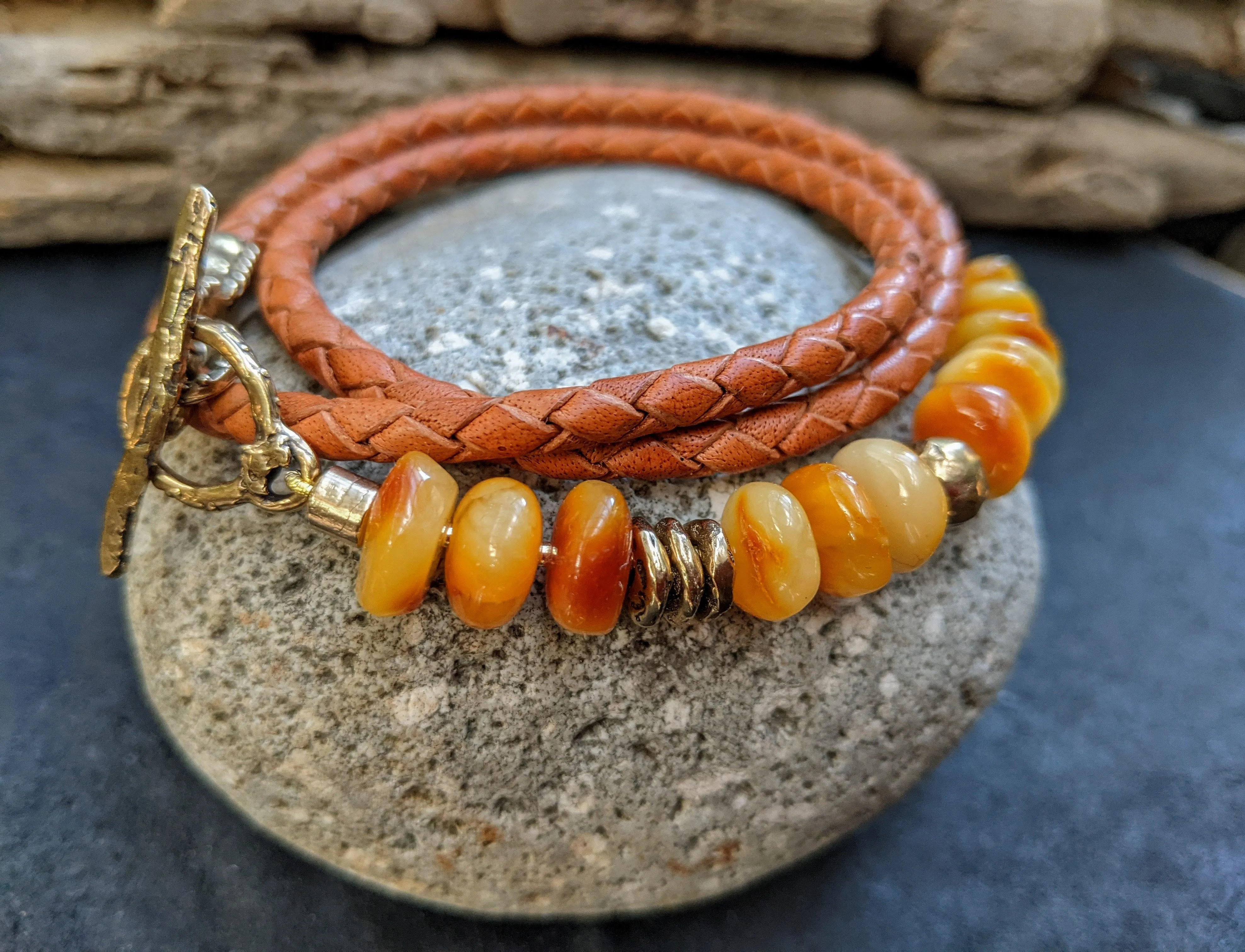 Baltic amber wrap bracelet. Egg Yolk amber Bracelet. Butterscotch Amber bracelet.
