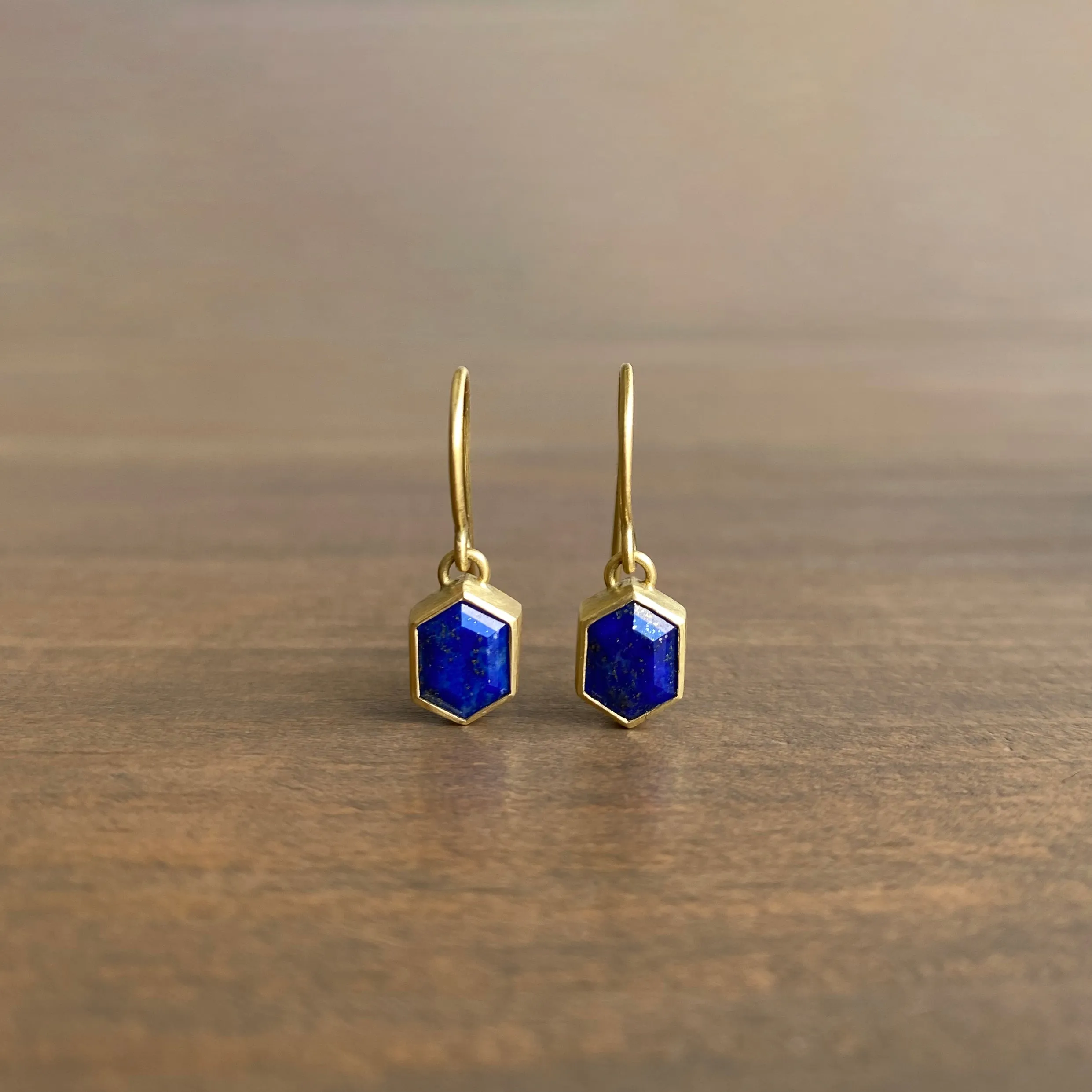 Bezel Set Lapis Hexagon Drop Earrings