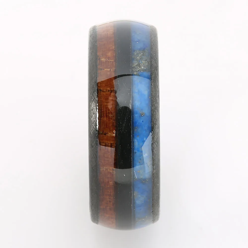 Black Tungsten Hawaiian Koa Wood and Lapis Lazuli Inlaid Double Row Oval Wedding Ring 8mm