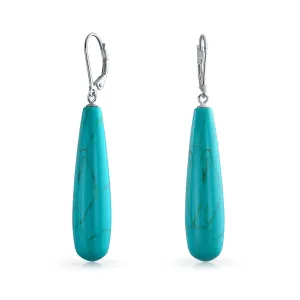 Blue Turquoise Elongated Teardrop Dangle Western Earrings .925 Silver