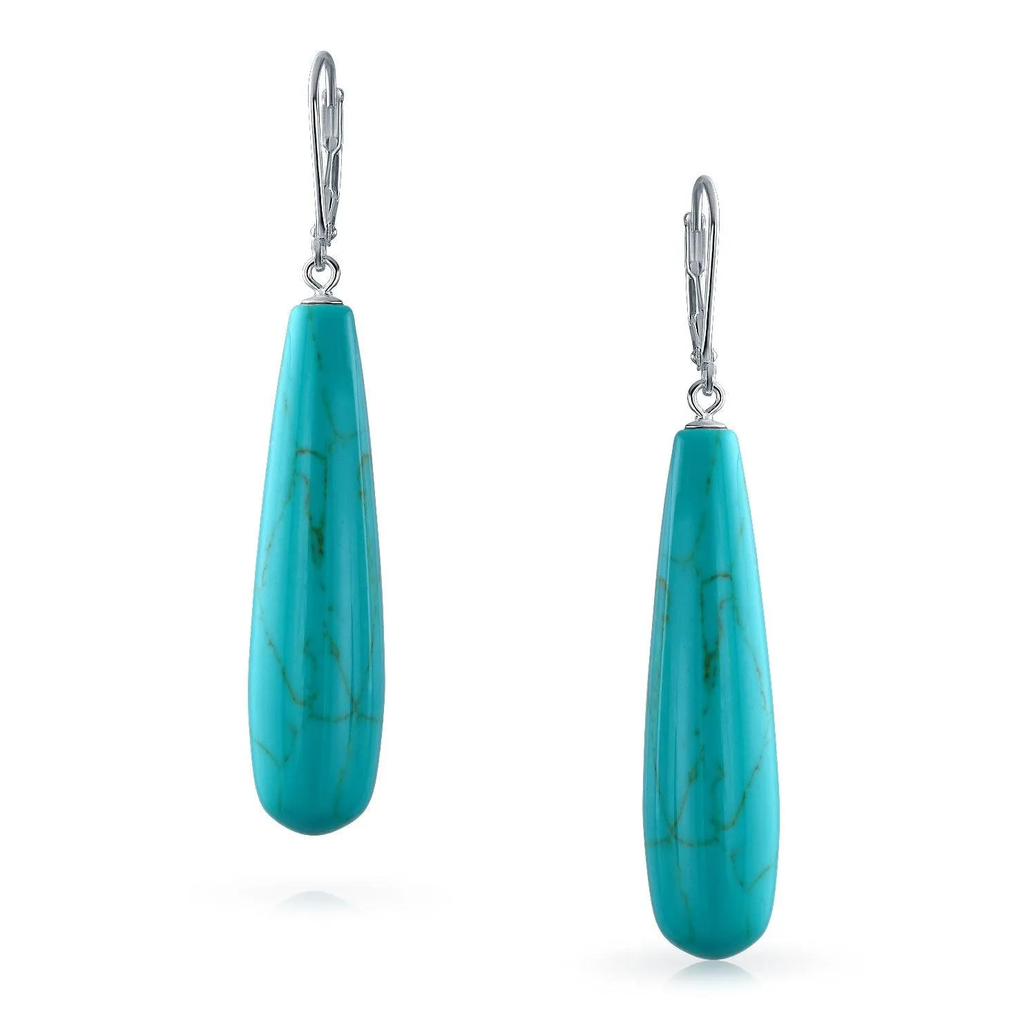 Blue Turquoise Elongated Teardrop Dangle Western Earrings .925 Silver