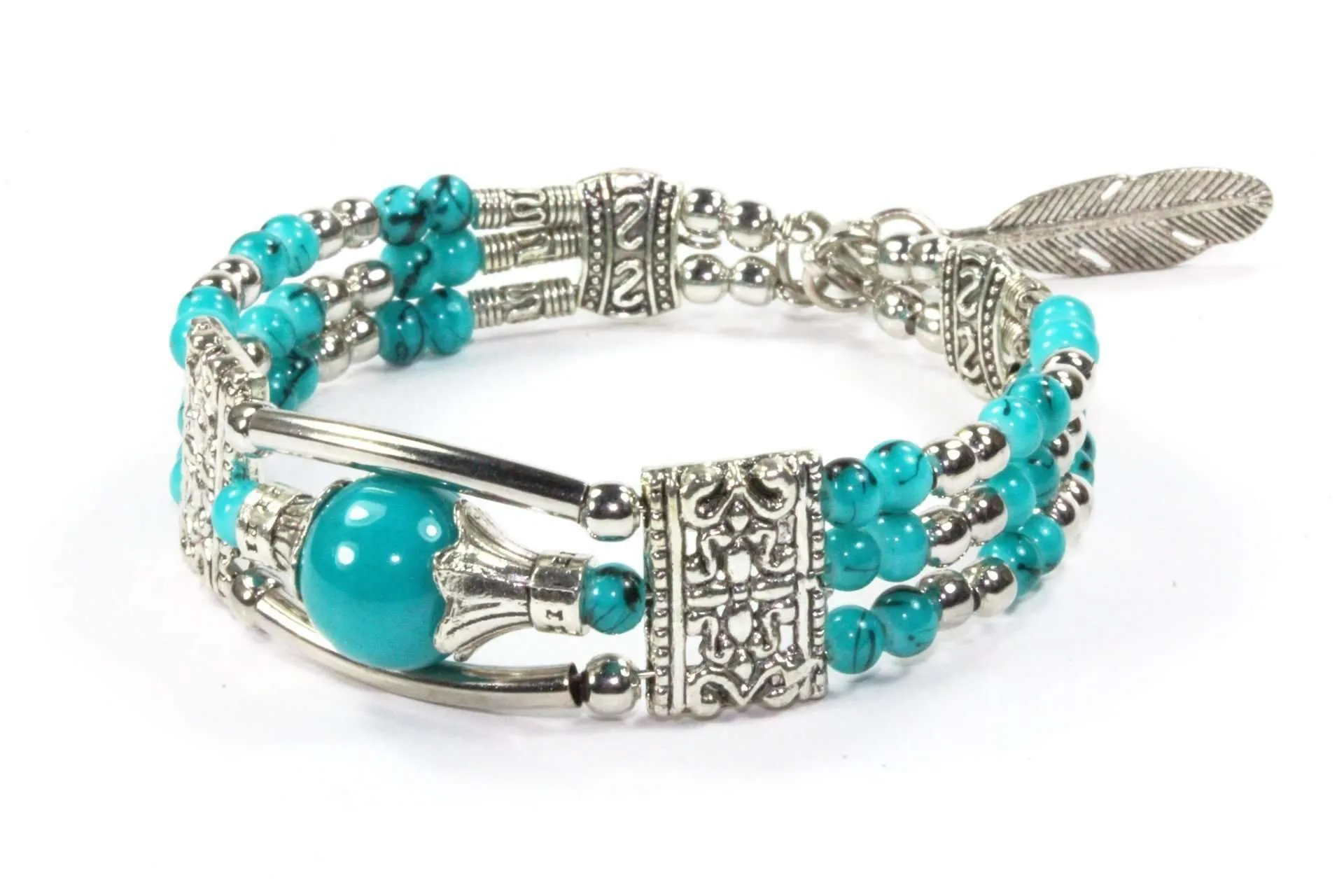 Bohemian Elegance: Feather Charm & Beaded Bracelet, Turquoise Accent Bracelet, Multi-Color Bead Bracelet