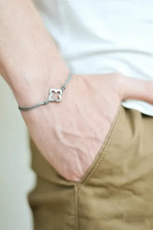 Bracelet for men, stainless steel clover charm, gray cord, waterproof bracelet