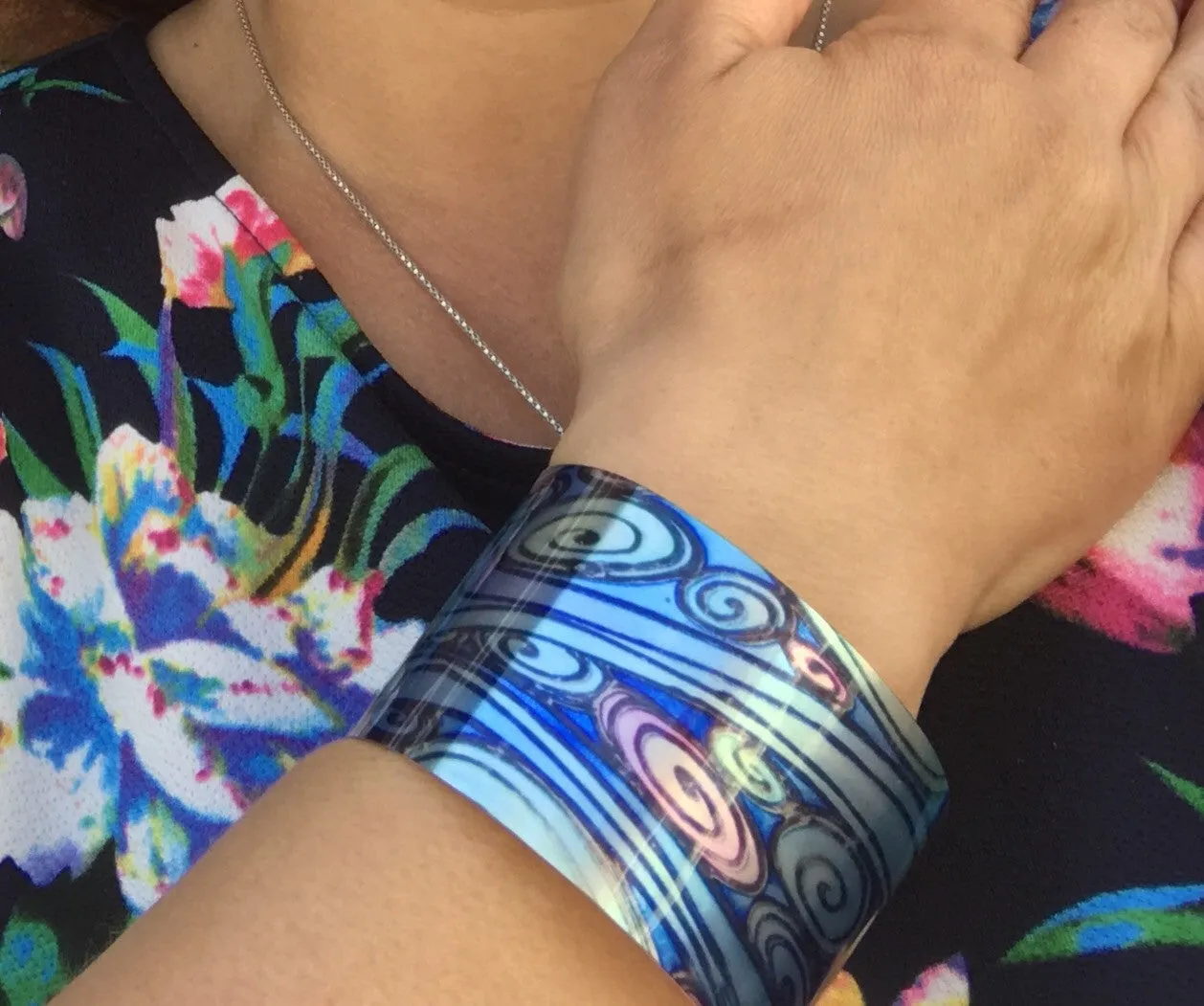 Cathedral Rose Window Bracelet in rich stained glass sunset colours- easy wear lightweight aluminium.