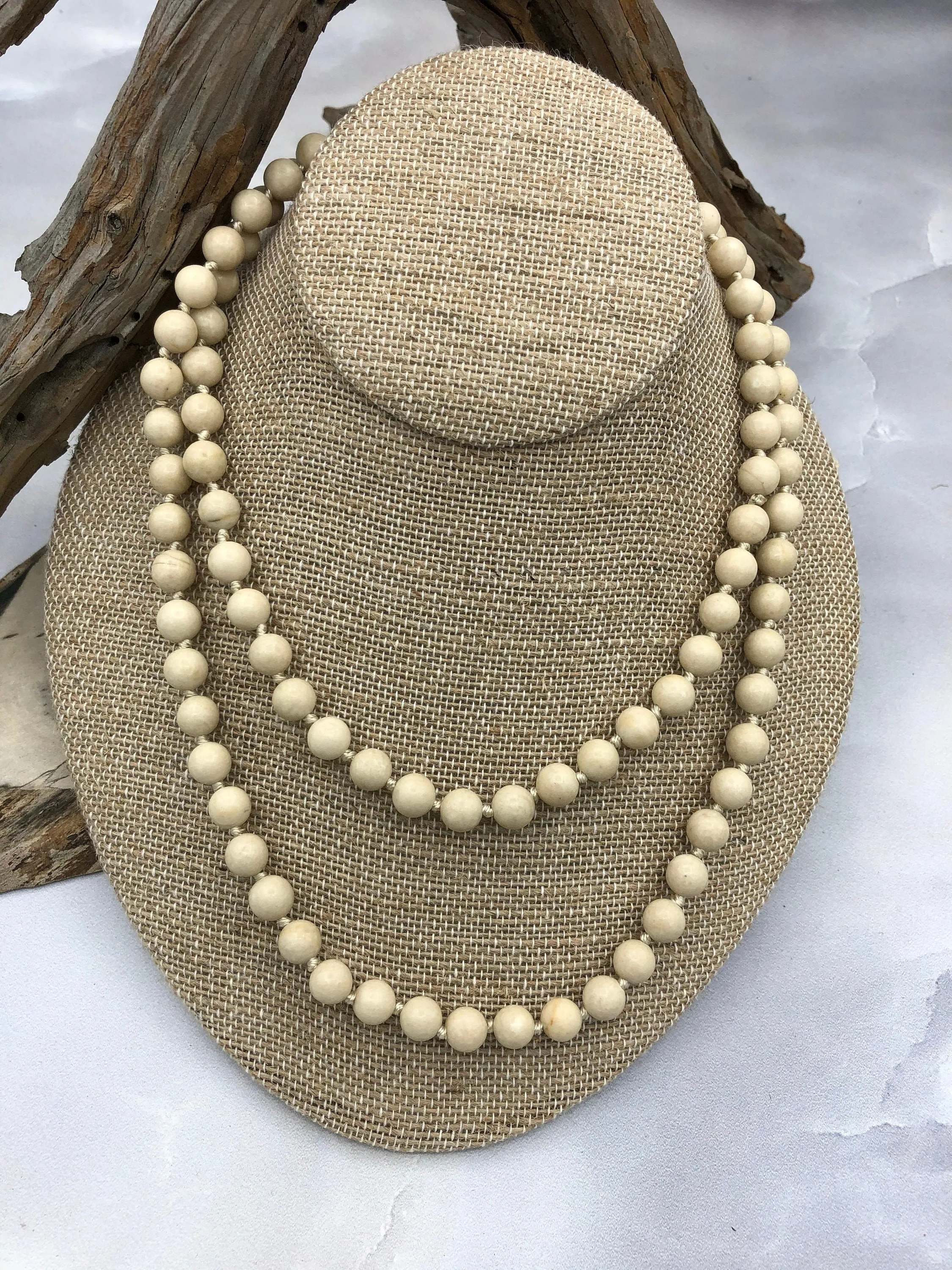 Cream Fossil Hand Knotted Gemstone Natural Stone Necklace, 36" FOSSIL, 8mm Round  faceted cream thread. Natural Stone Fast ship