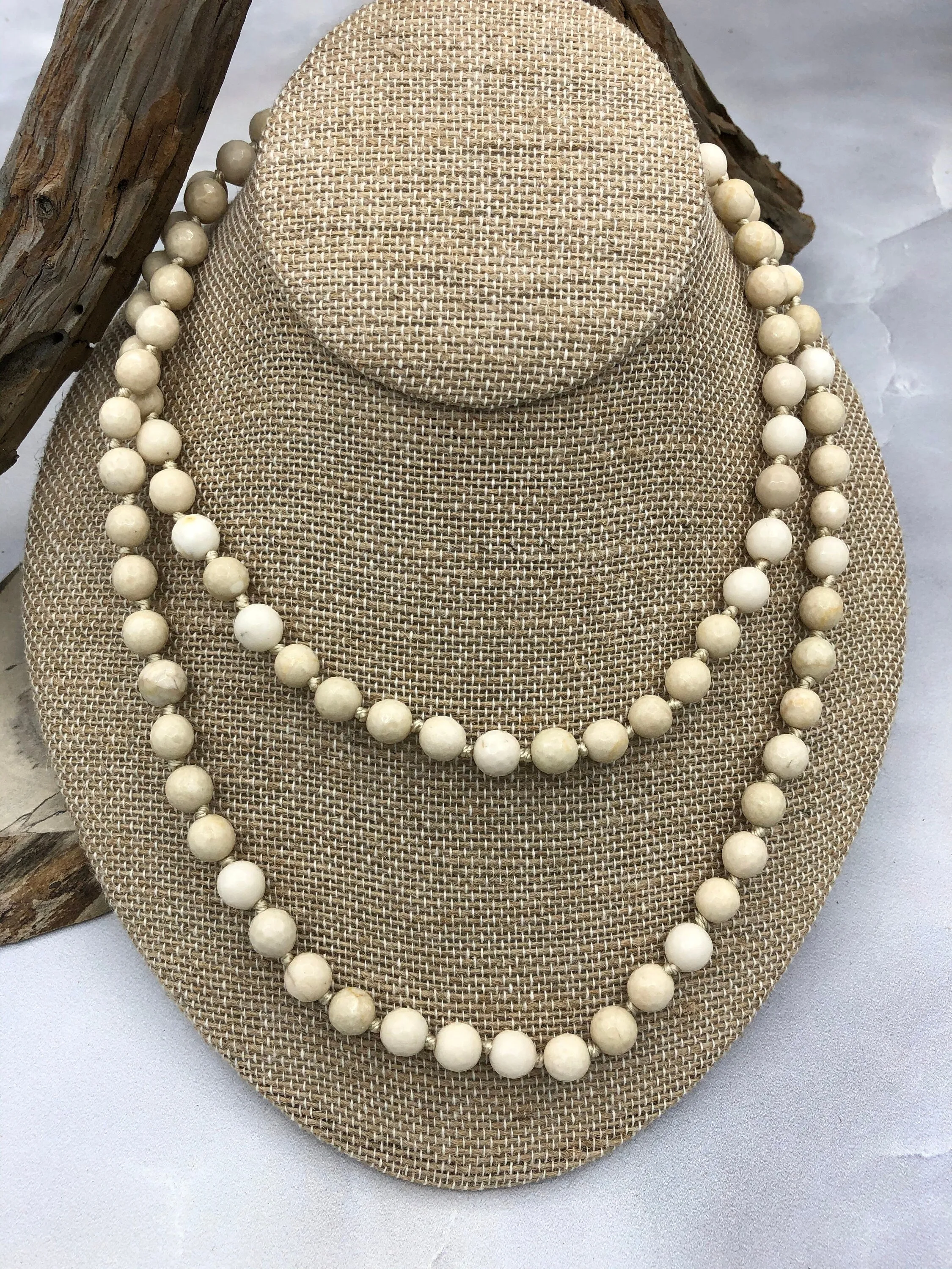 Cream Fossil Hand Knotted Gemstone Natural Stone Necklace, 36" FOSSIL, 8mm Round  faceted cream thread. Natural Stone Fast ship
