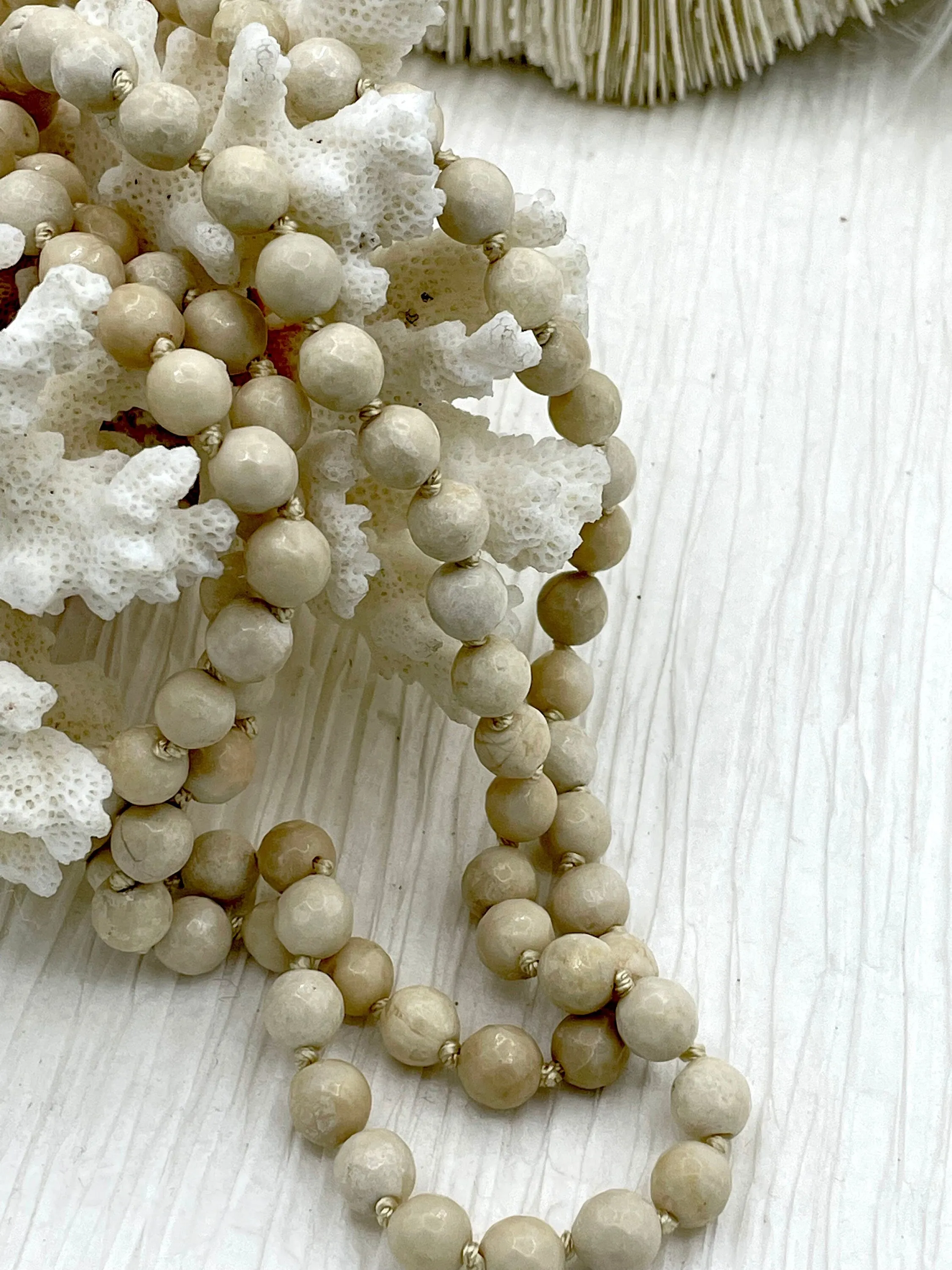 Cream Fossil Hand Knotted Gemstone Natural Stone Necklace, 36" FOSSIL, 8mm Round  faceted cream thread. Natural Stone Fast ship