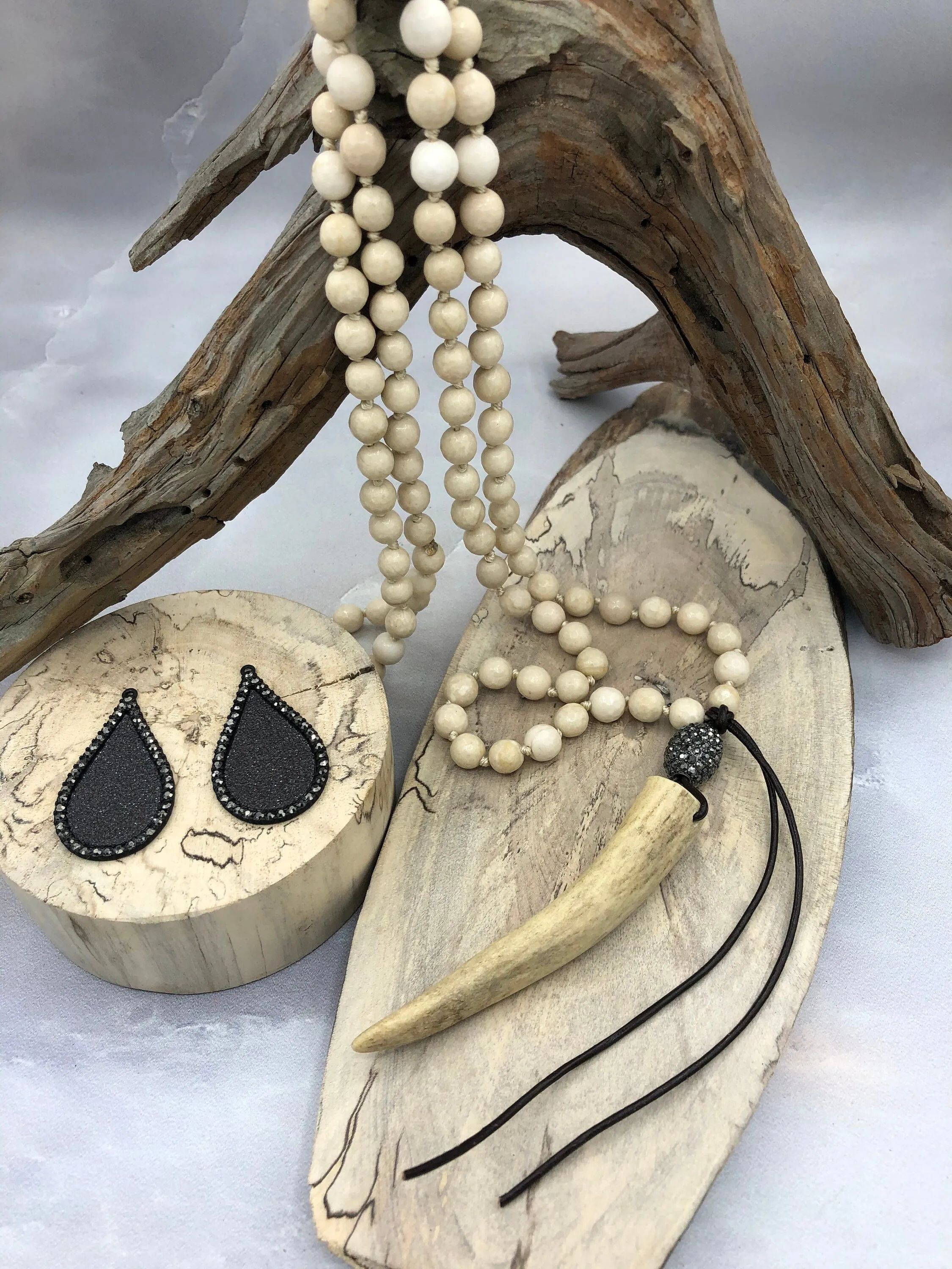 Cream Fossil Hand Knotted Gemstone Natural Stone Necklace, 36" FOSSIL, 8mm Round  faceted cream thread. Natural Stone Fast ship