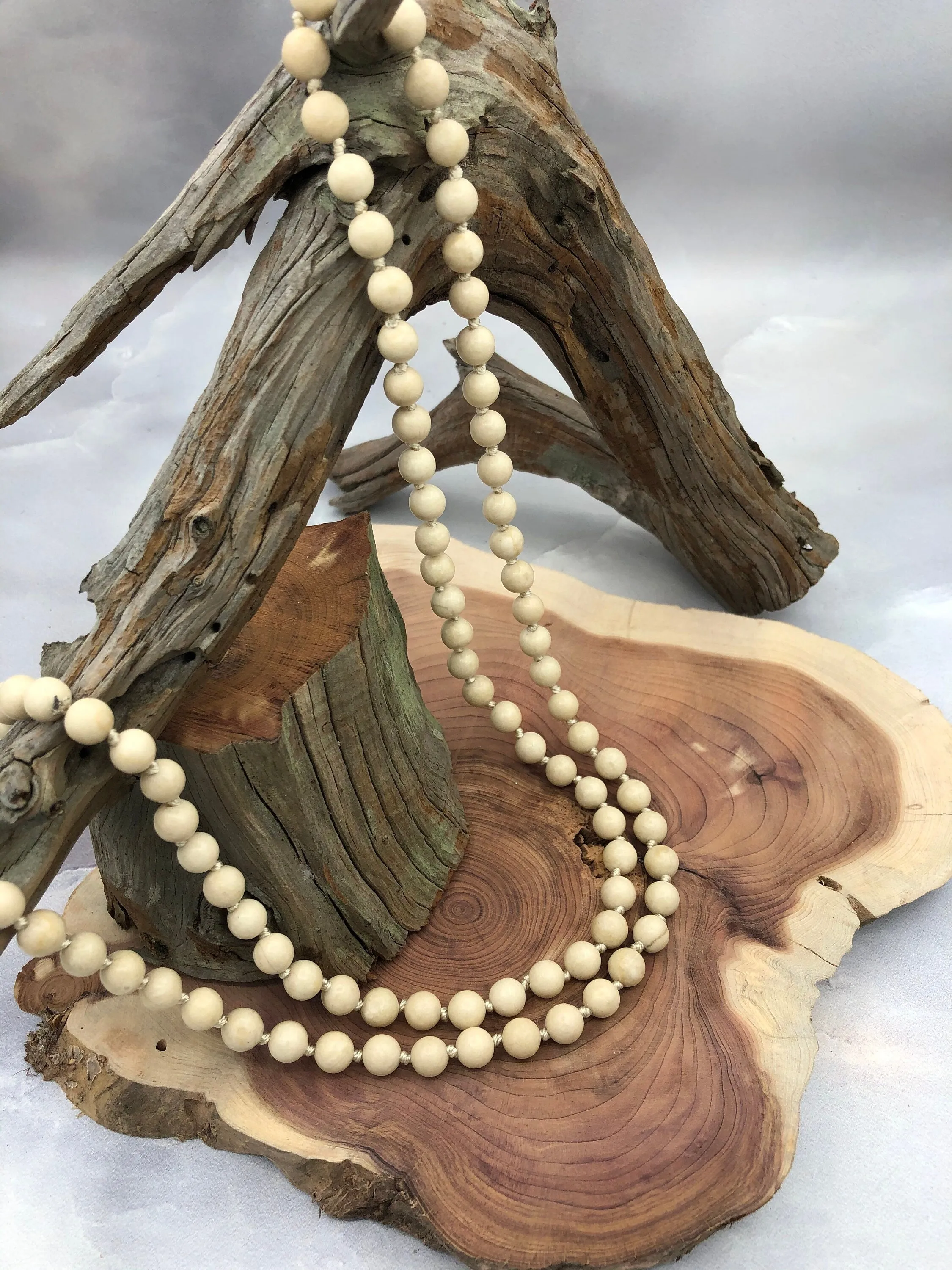 Cream Fossil Hand Knotted Gemstone Natural Stone Necklace, 36" FOSSIL, 8mm Round  faceted cream thread. Natural Stone Fast ship
