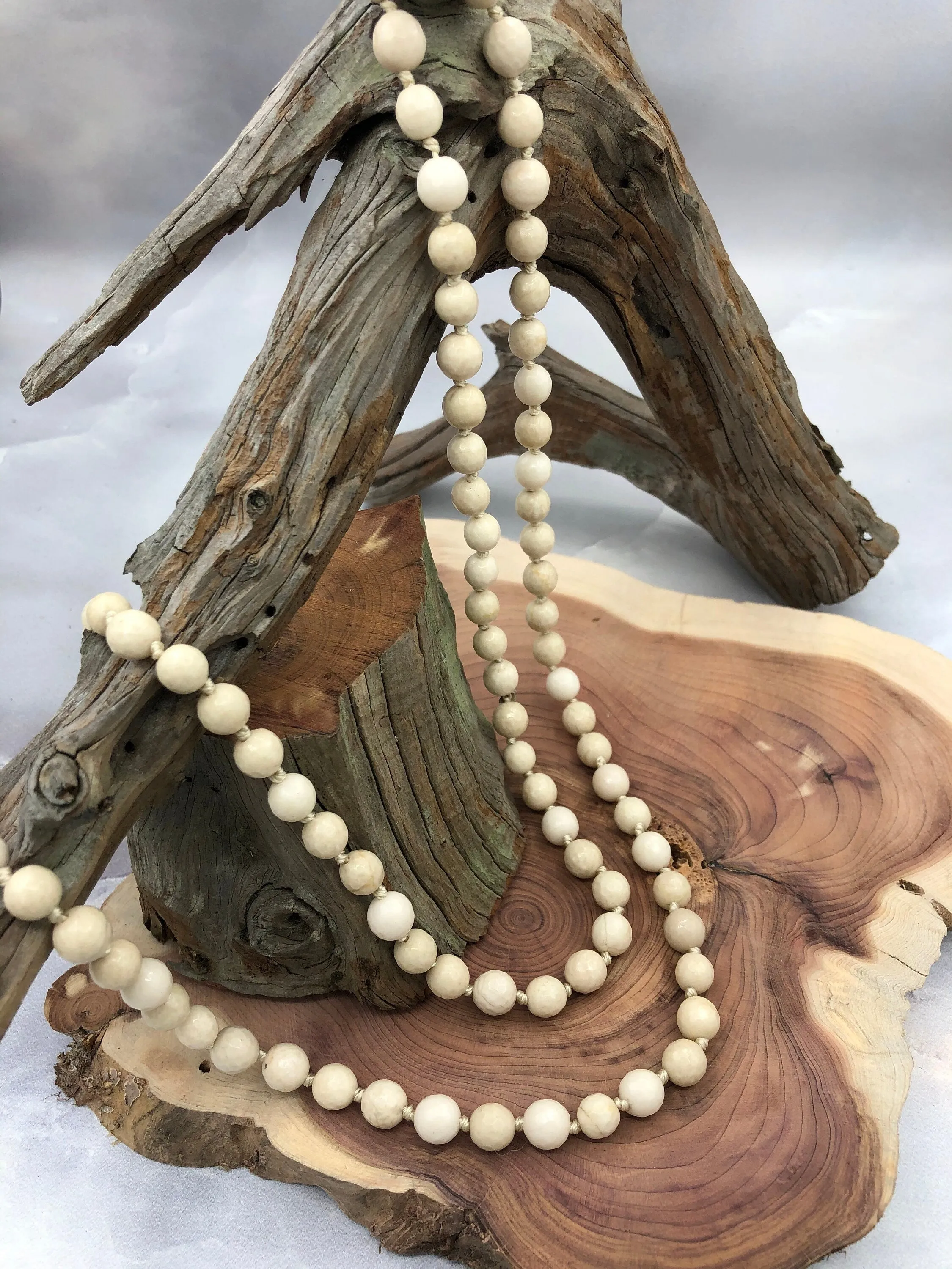 Cream Fossil Hand Knotted Gemstone Natural Stone Necklace, 36" FOSSIL, 8mm Round  faceted cream thread. Natural Stone Fast ship