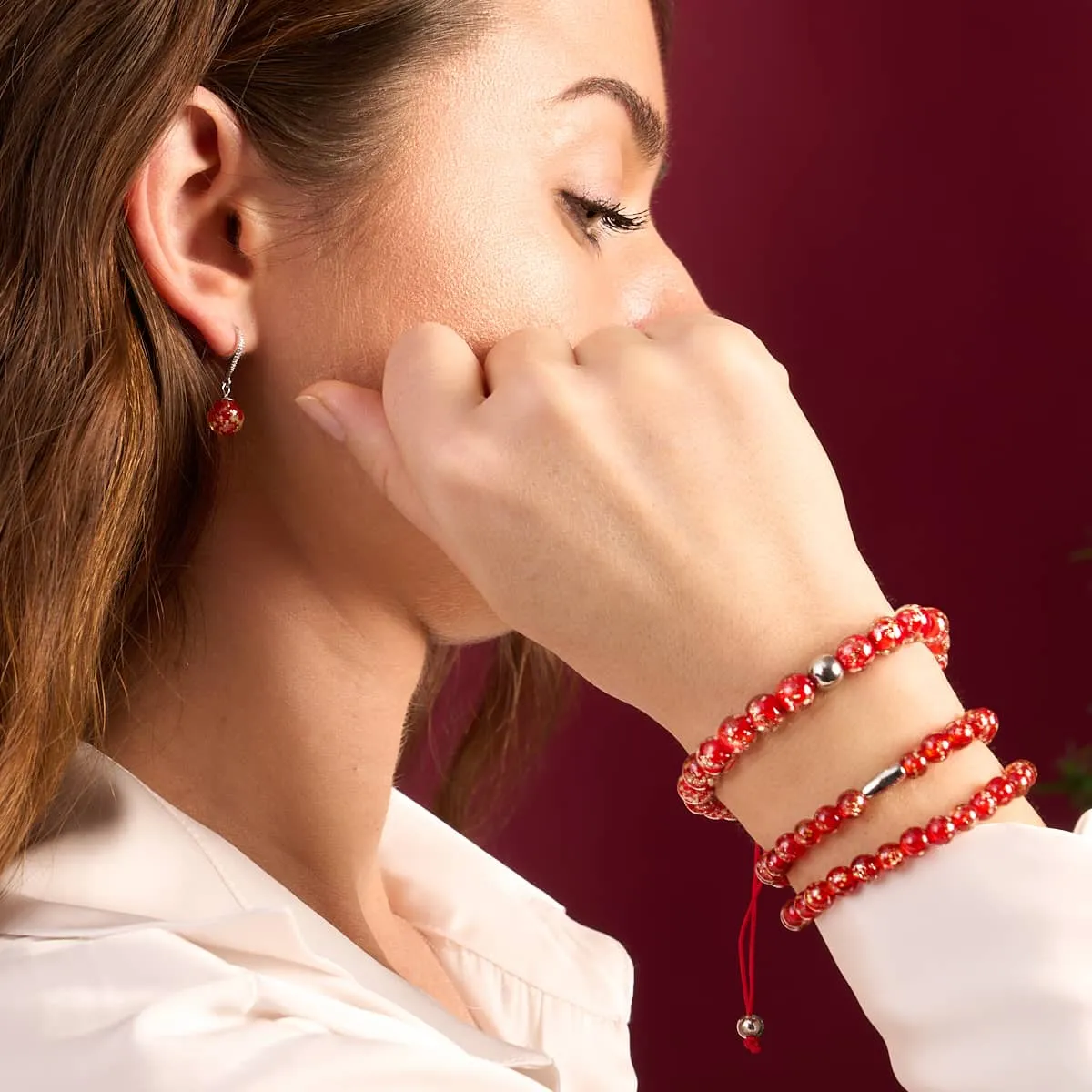 Crimson | Silver | Firefly Glass Macrame Bracelet