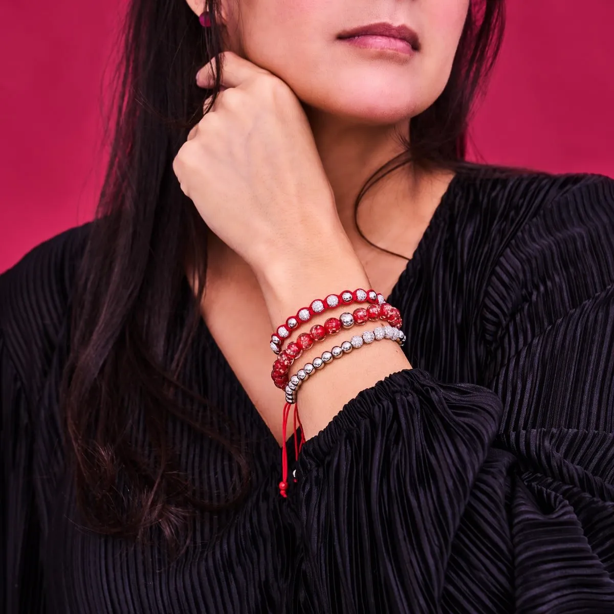 Crimson | Silver | Firefly Glass Macrame Bracelet