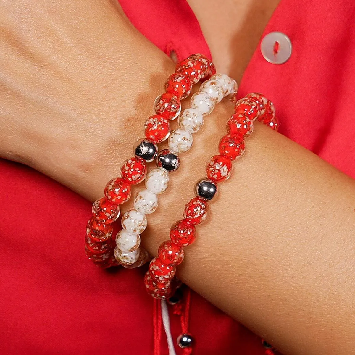 Crimson | Silver | Firefly Glass Macrame Bracelet