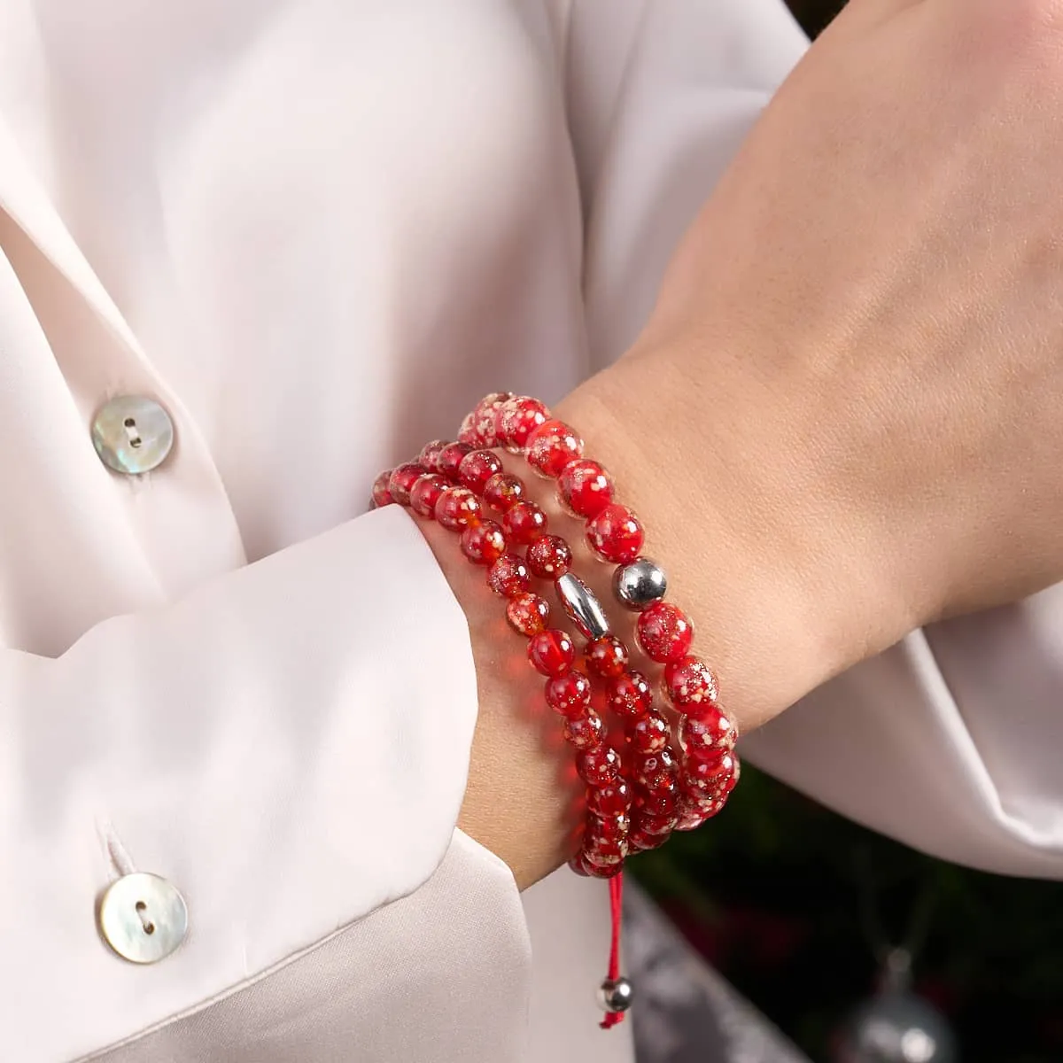 Crimson | Silver | Firefly Glass Macrame Bracelet