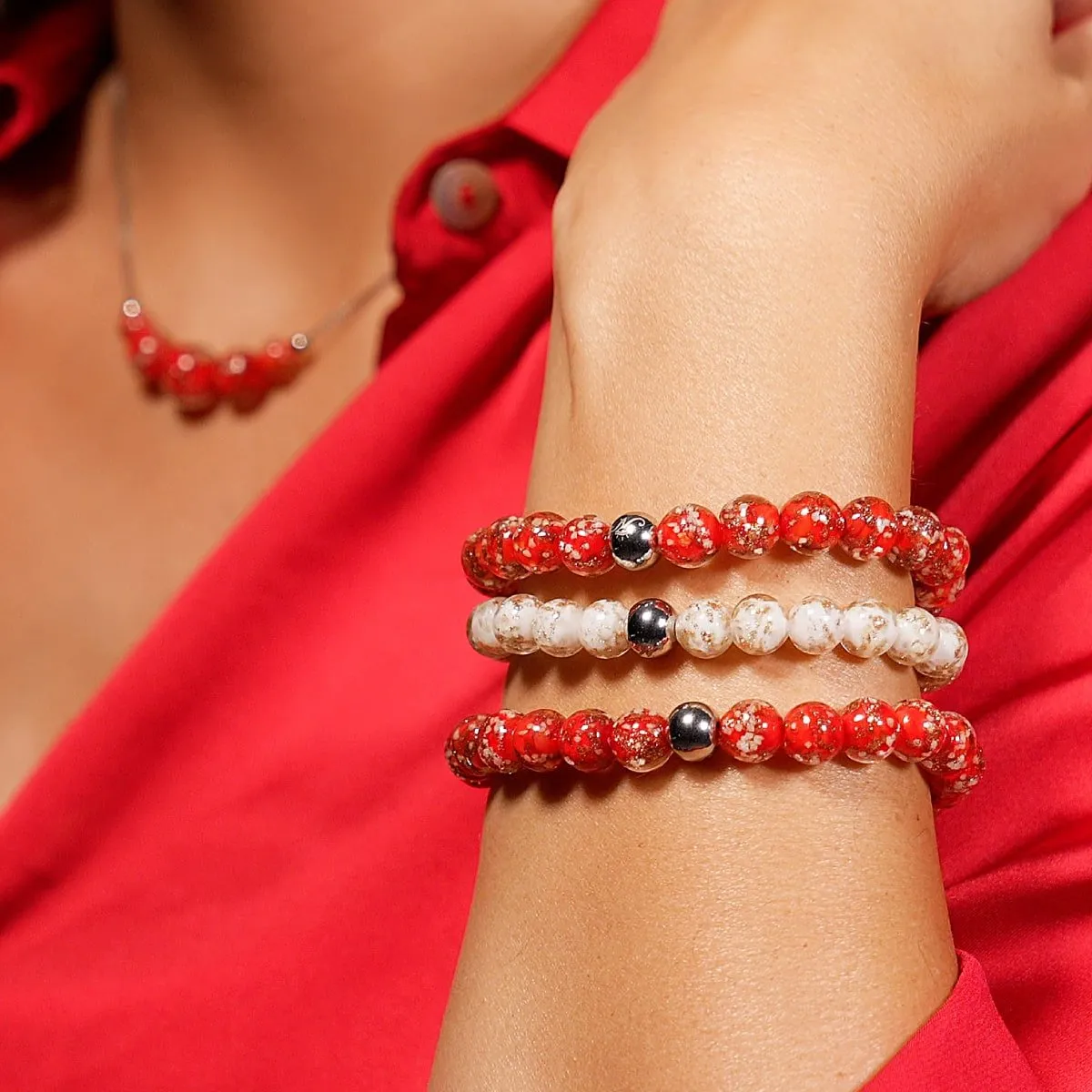 Crimson | Silver | Firefly Glass Macrame Bracelet