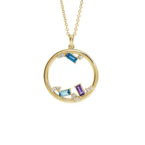 Custom 14k Gold 3-Stone and Diamond Open Circle Family Necklace