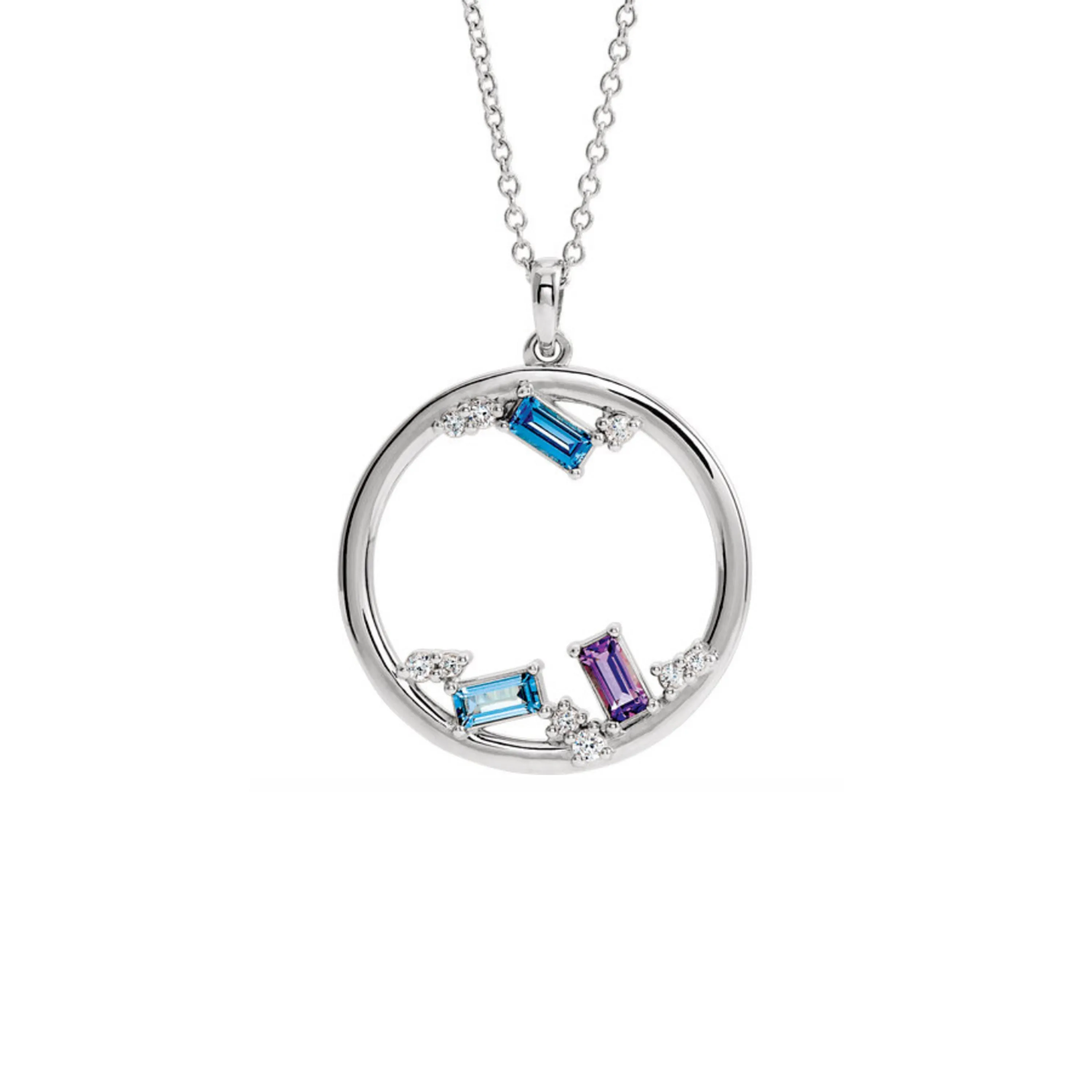 Custom 14k Gold 3-Stone and Diamond Open Circle Family Necklace