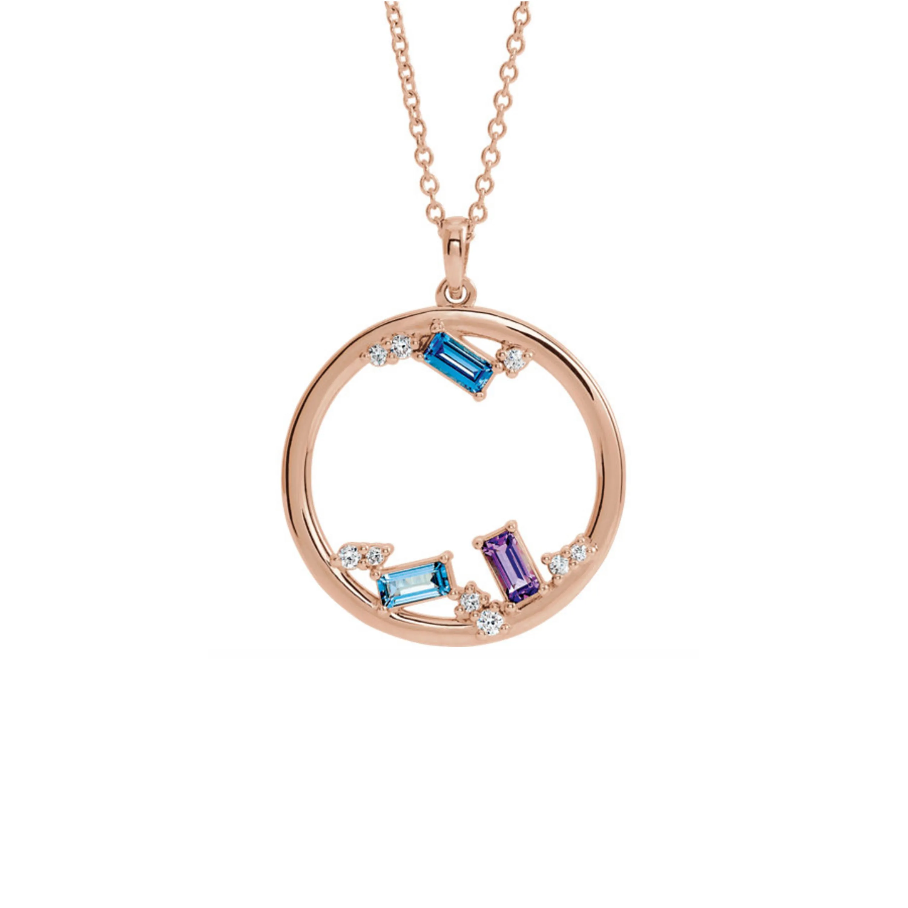 Custom 14k Gold 3-Stone and Diamond Open Circle Family Necklace