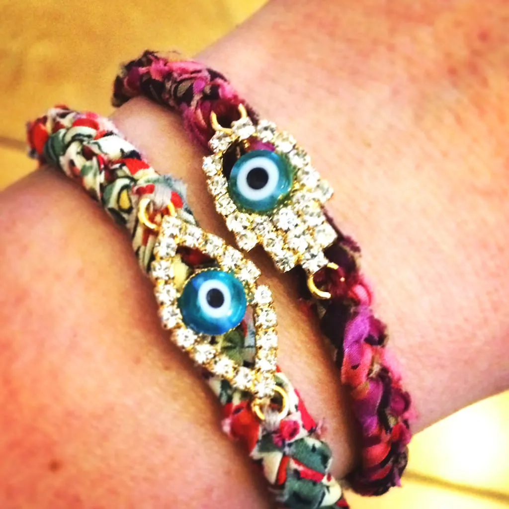 Diamante Evil Eye Lucky Charm Liberty Print Braid Bracelet