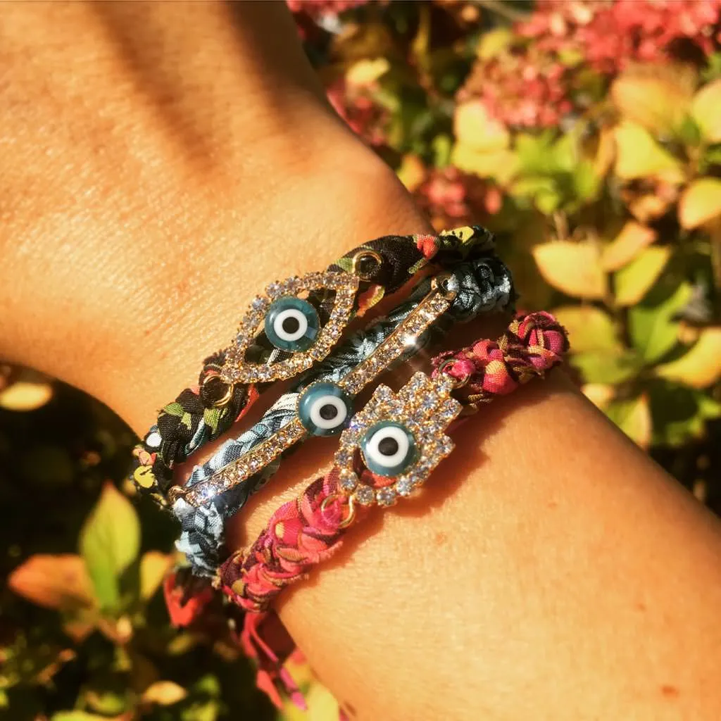 Diamante Evil Eye Lucky Charm Liberty Print Braid Bracelet