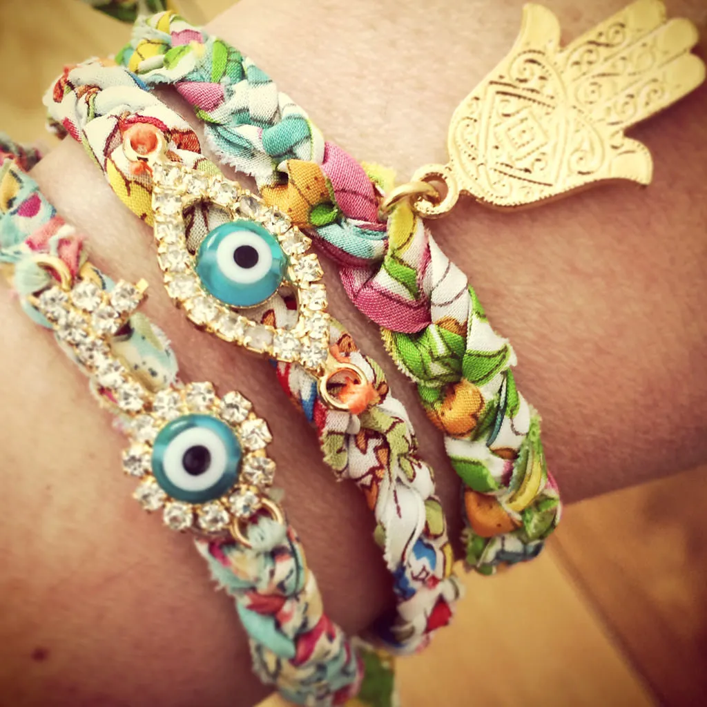 Diamante Evil Eye Lucky Charm Liberty Print Braid Bracelet