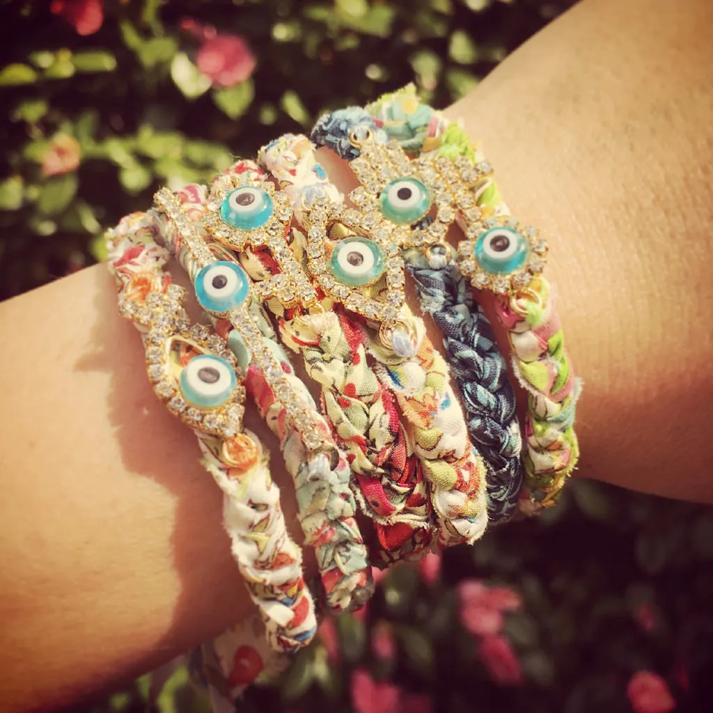 Diamante Evil Eye Lucky Charm Liberty Print Braid Bracelet