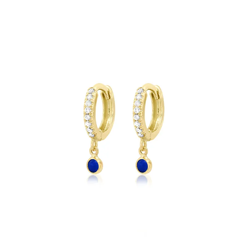 Diamond Huggies with Mini Lapis Bezel Drop