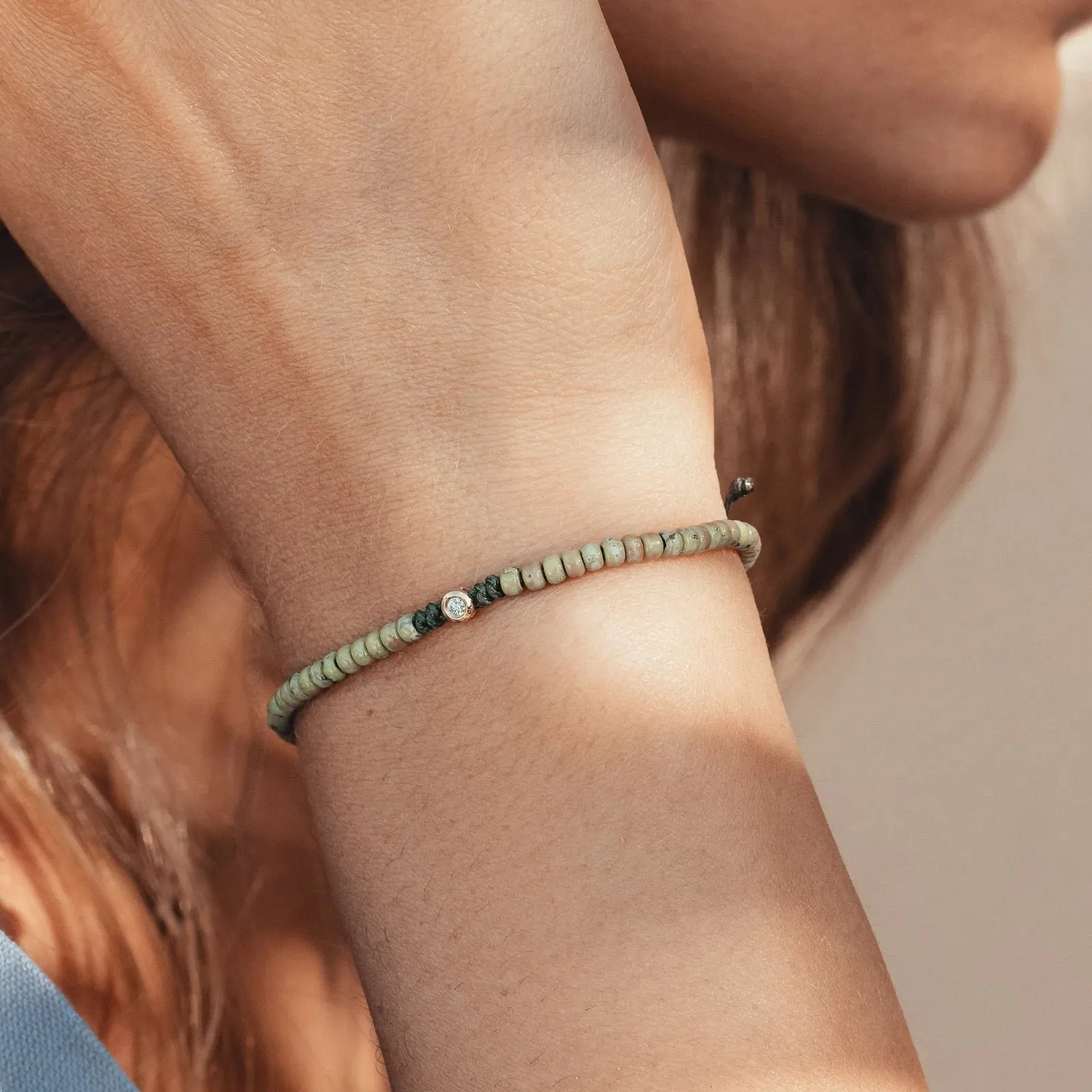Dyed Green Malachite Beads String of Love - 14K Rose Gold